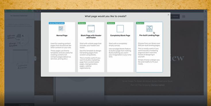 Snapshot of page creation screen in Thrive Architect