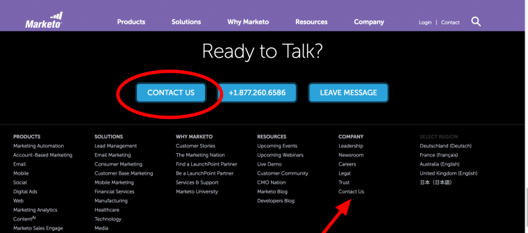 Marketo links to contact in footer