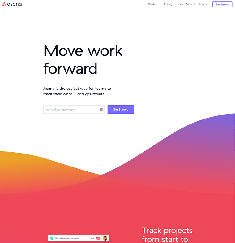 curved dividers and bold gradients on the Asana homepage