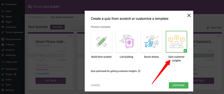 Choose the "Gain Customer Insights" option when building a survey in Thrive Quiz Builder