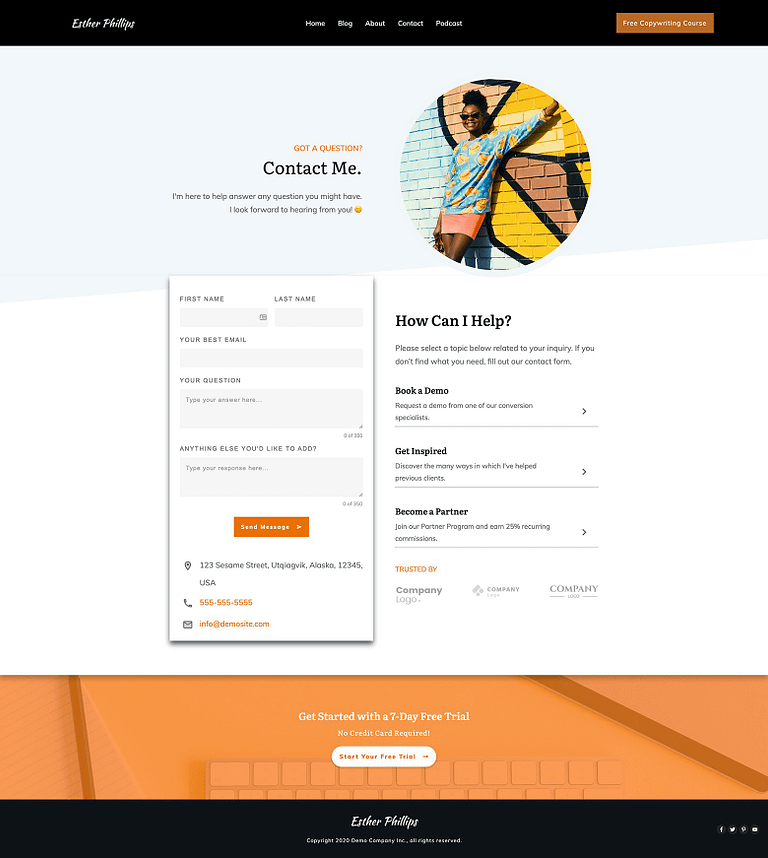 The final desktop version of a Contact page modeled after Sleeknote's design