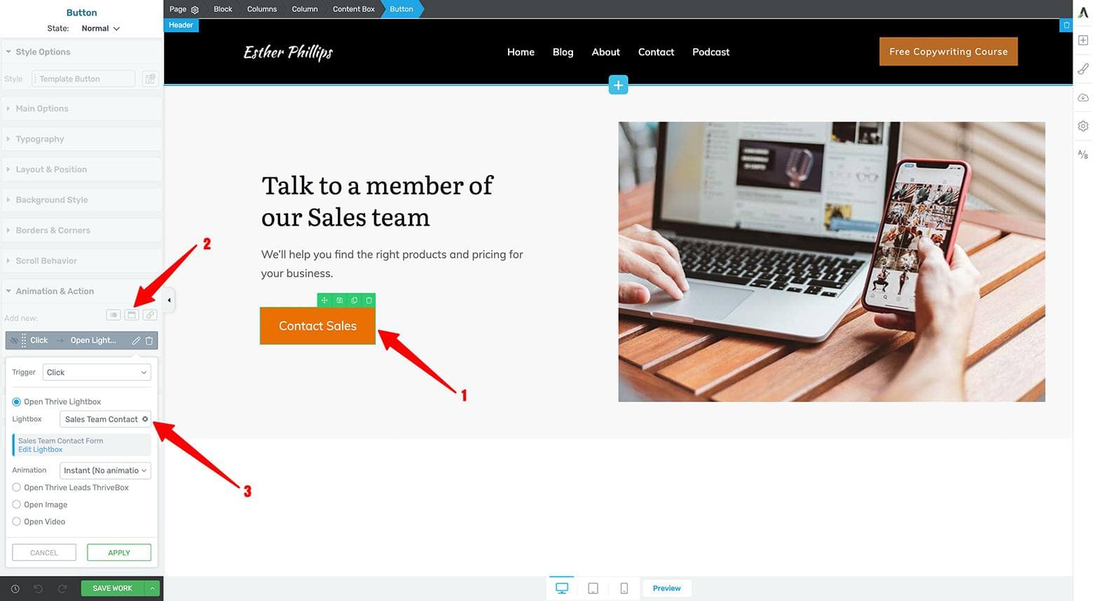 Connect-Button-to-Thrive-Lightbox Connect your Thrive Lightbox Contact Form to your Hero Area contact button