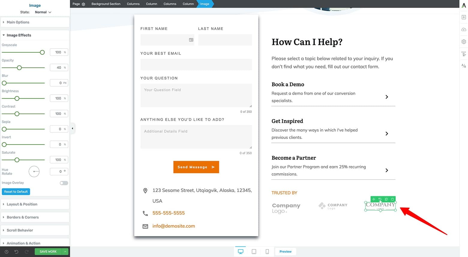 Contact-Form-and-Useful-Links-Final Add a "Trusted By" company logo or testimonials section to boost trust with potential clients or customers
