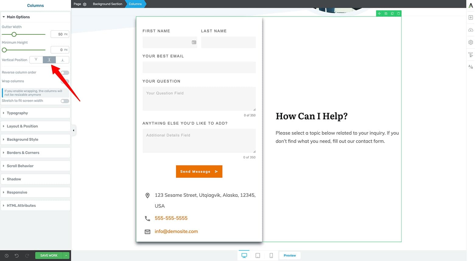Useful-Links-Right-Column-Text Add an H2 and Paragraph text to the right Column element. Vertically center the parent Columns element..