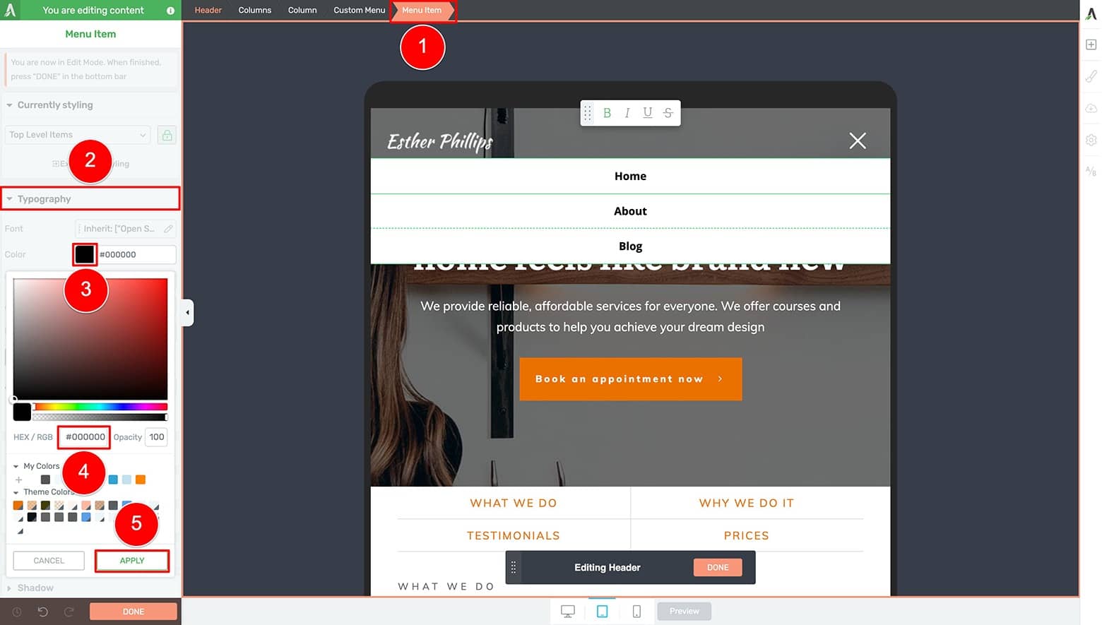 Customize-Your-Header-Custom-Menu-Text-Color-for-Tablet Change your "On Load" header state dropdown menu item settings for tablet