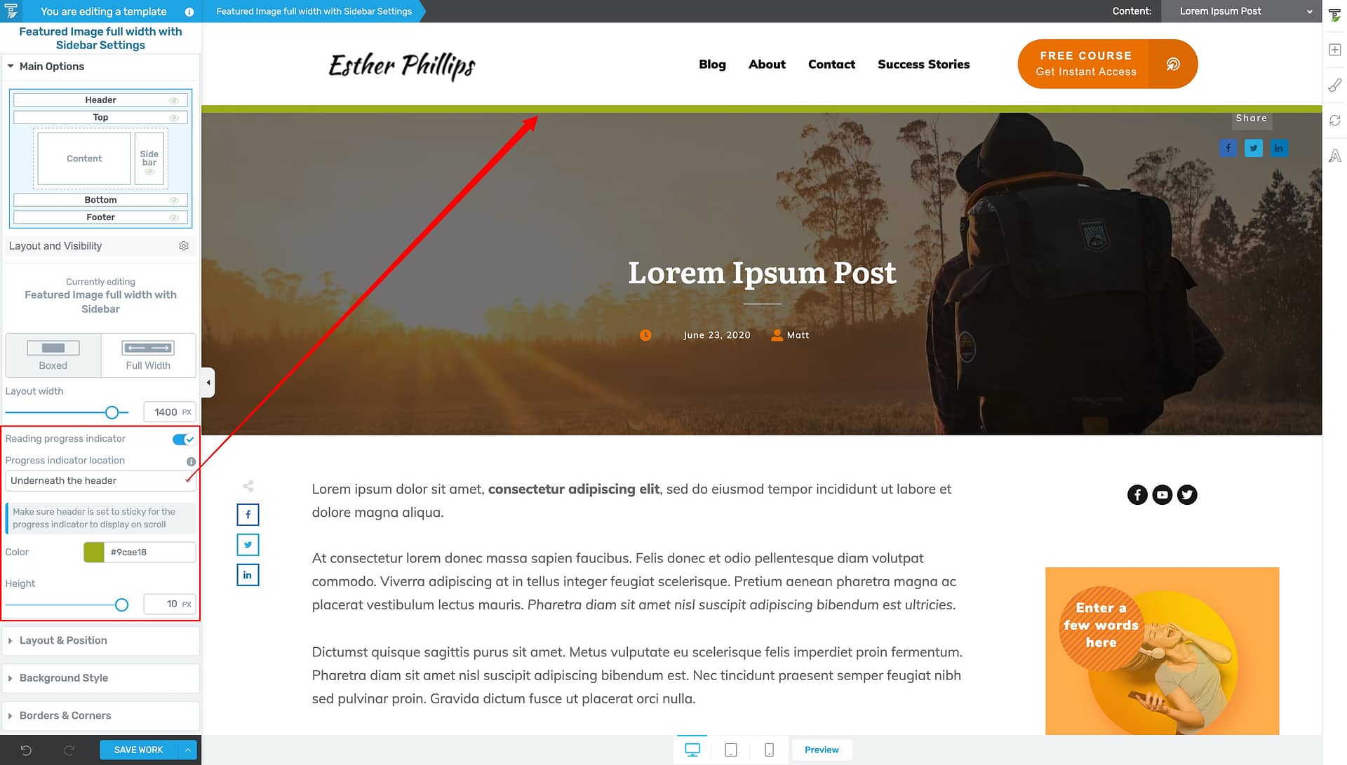 8. Underneath-the-header-progress-bar "Underneath the header" horizontal progress bar option