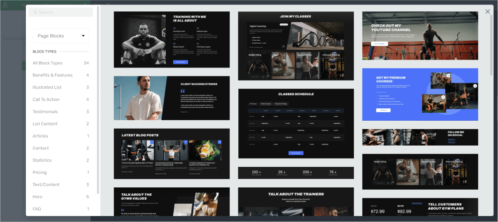 Block templates available in Peak Gym Theme for WordPress