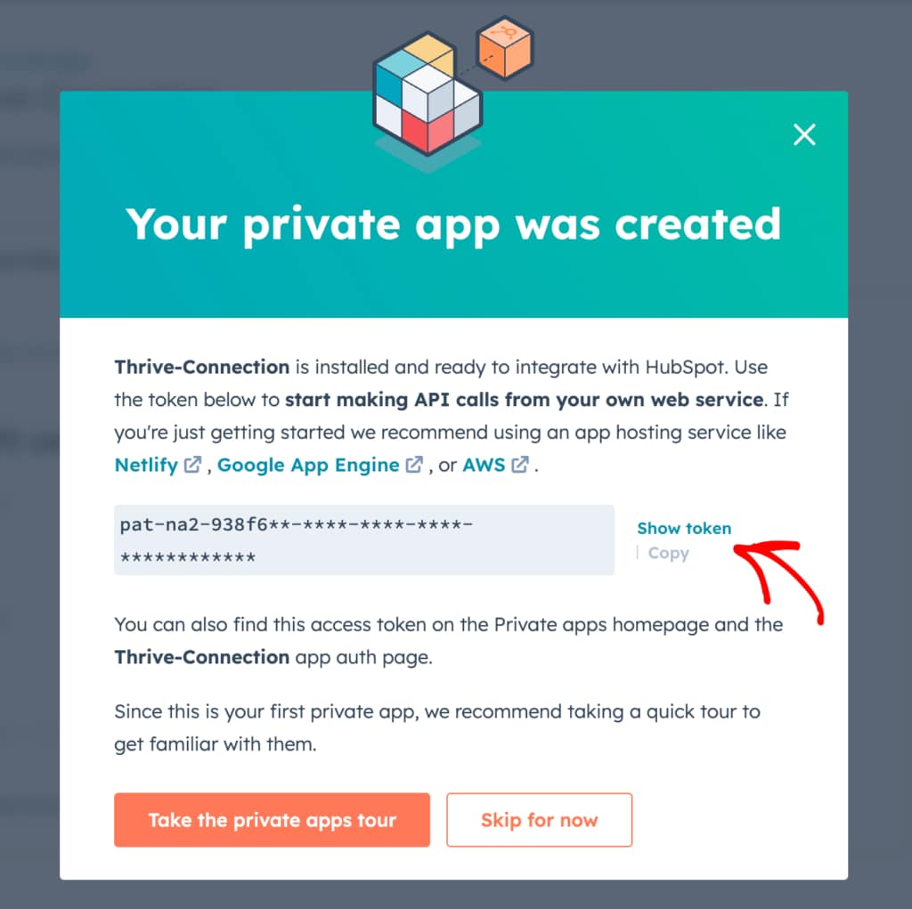 HubSpot app access token created and shown in the popup