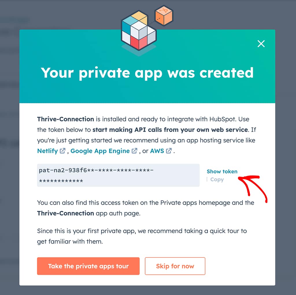 HubSpot app access token created and shown in the popup