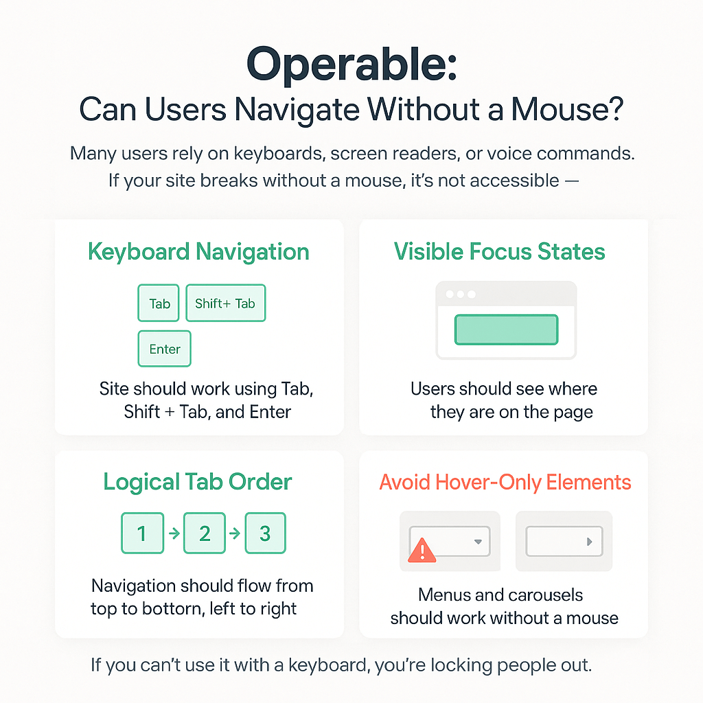 Checklist for operable web design: ensure keyboard navigation works, highlight focus states, follow logical tab order, and avoid hover-only elements. Emphasizes that if it can’t be used with a keyboard, it’s not accessible.
