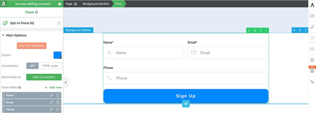 Click lead generation element to see options