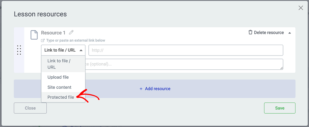 Select protected files as resource type in Thrive Apprentice