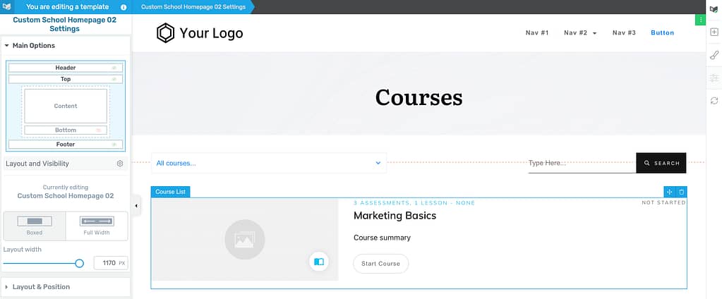 Selected Thrive Apprentice school homepage template in editor