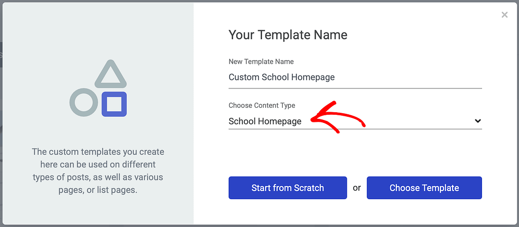 Select content type - School Homepage while creating a template