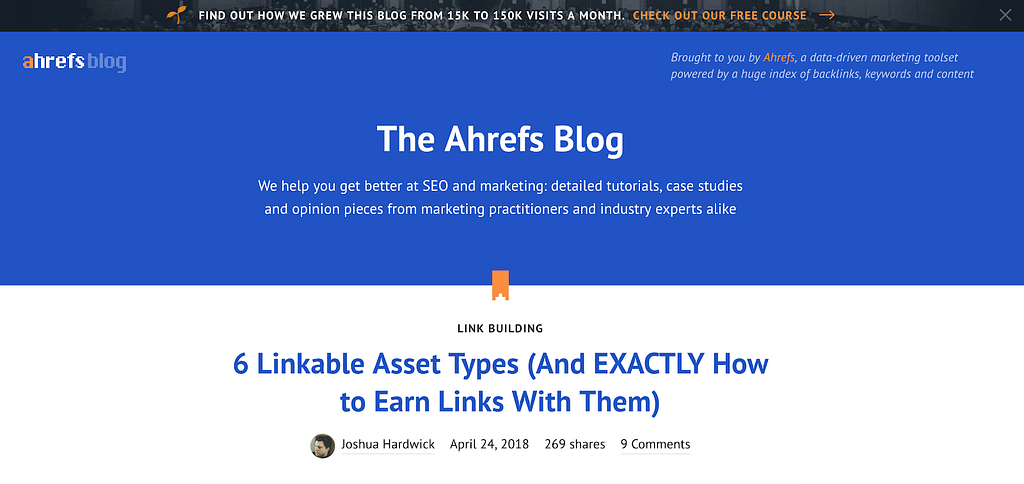 Button on the header of the Ahrefs' blog page: Check out our free course Call-to-action examples Ahrefs