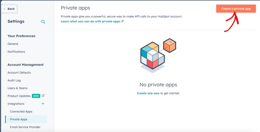 Create a new private app in HubSpot