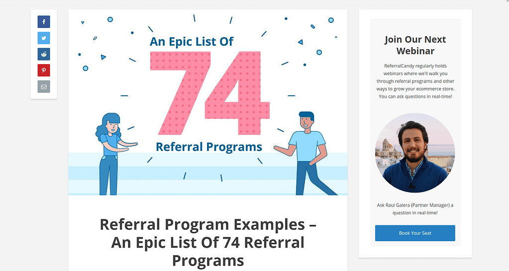 ReferralCandy's webinar signup Form with the button text: Book your seat Call-to-action examples ReferralCandy