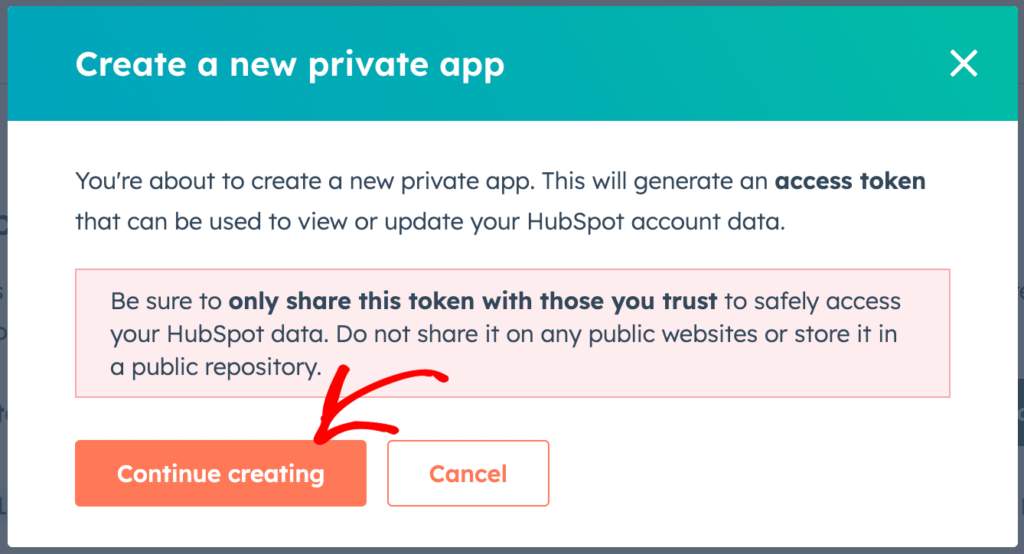 Choose to continue creating app with the info