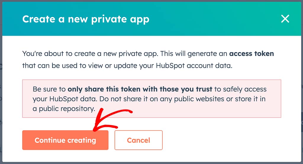 Choose to continue creating app with the info