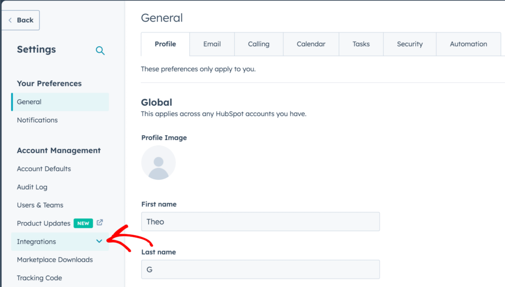 Open Integrations in HubSpot settings