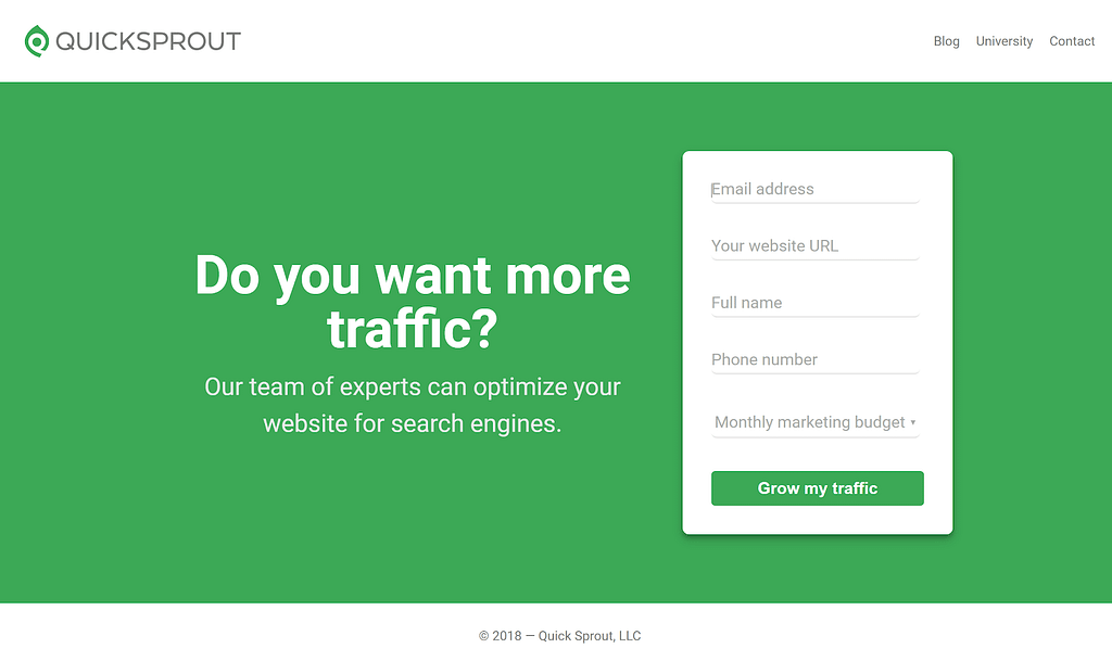 Contact form on QuickSprout's homepage: Grow my traffic Call-to-action examples Quicksprout