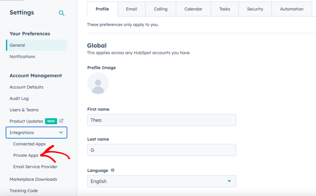 Click on Private Apps under Integrations in HubSpot