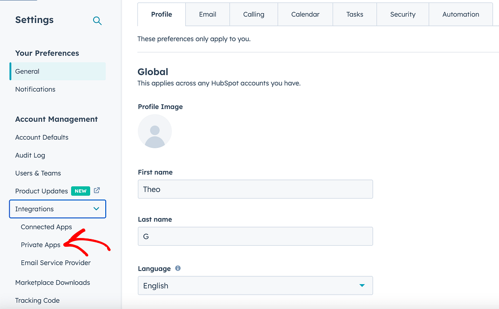 Click on Private Apps under Integrations in HubSpot