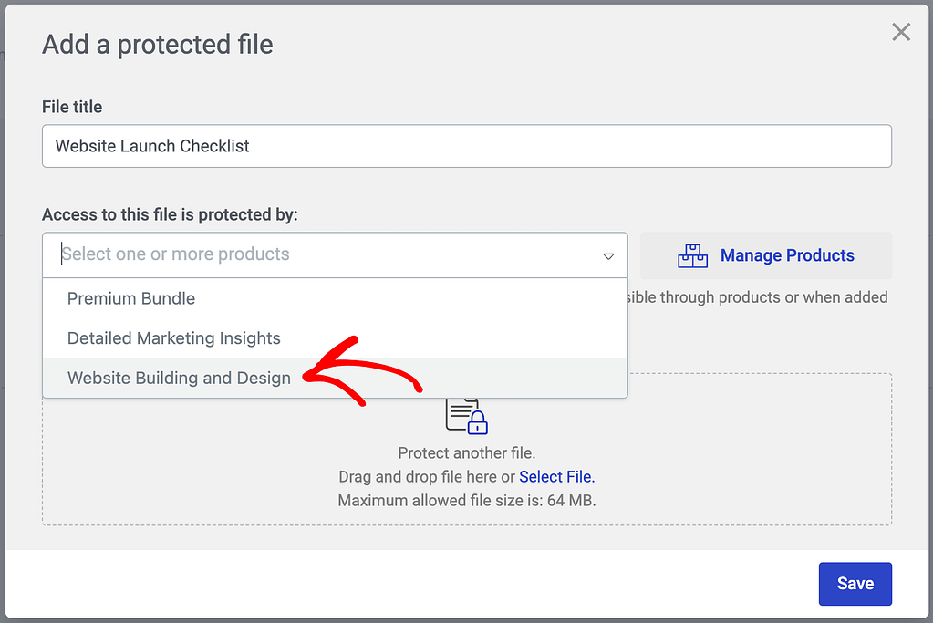 Select product to add the protected file to.