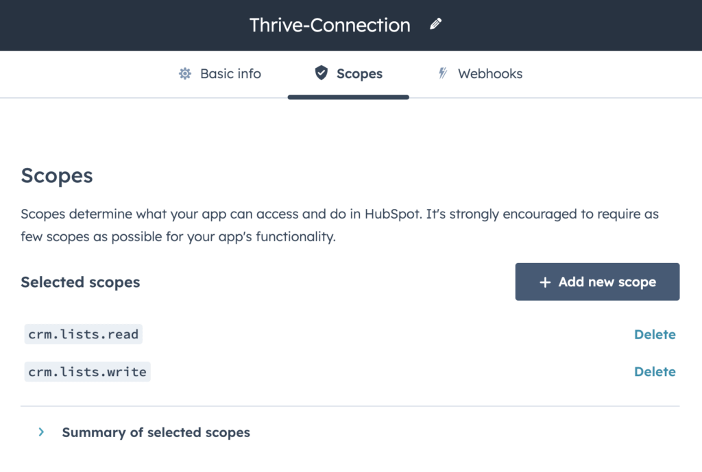 Newly added scopes in HubSpot app