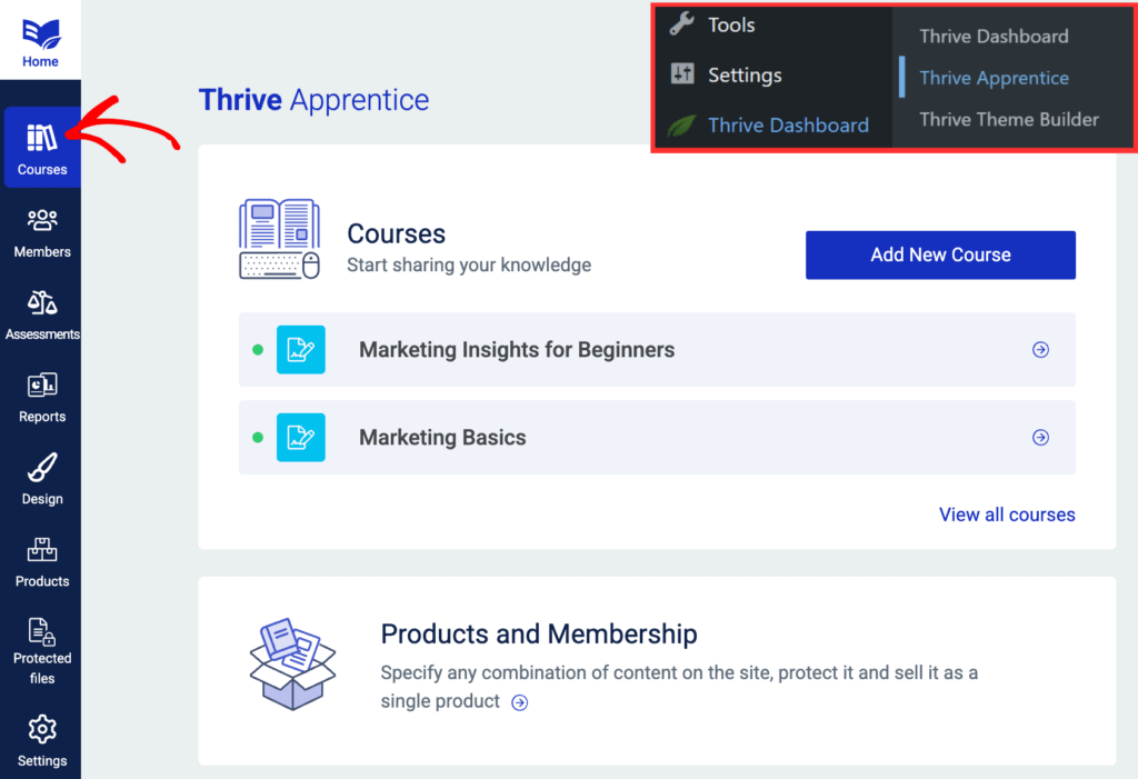 Click on Thrive Apprentice courses option to view all courses.