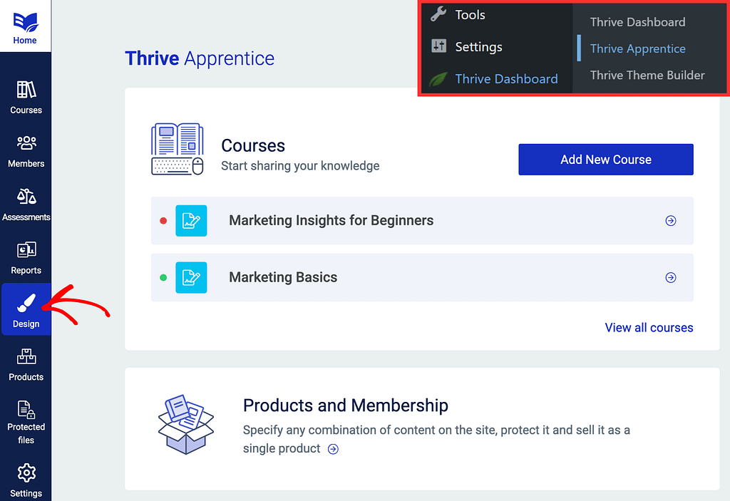 Open the Design tab in Thrive Apprentice