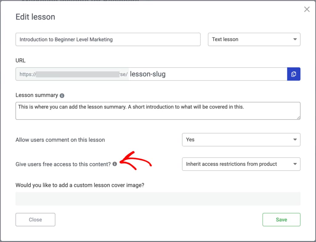 Give lesson for free setting in Edit lesson popup