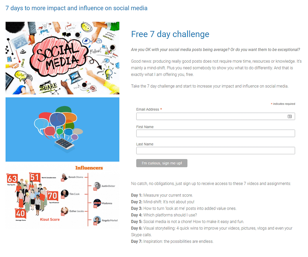 Call-to-action of Esther Jacobs' 7-day social media challenge: I'm curious, sign me up! Call-to-actions Esther Jacobs