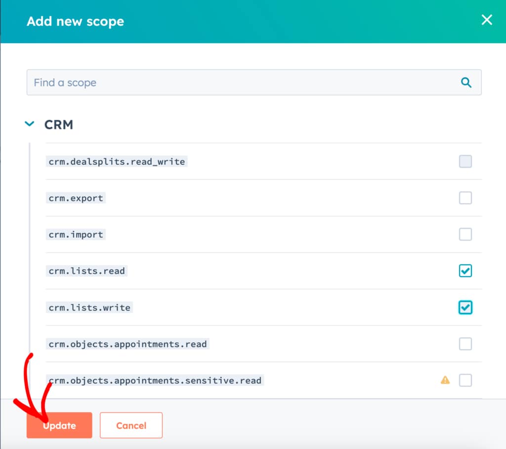 Add scopes to the HubSpot private app