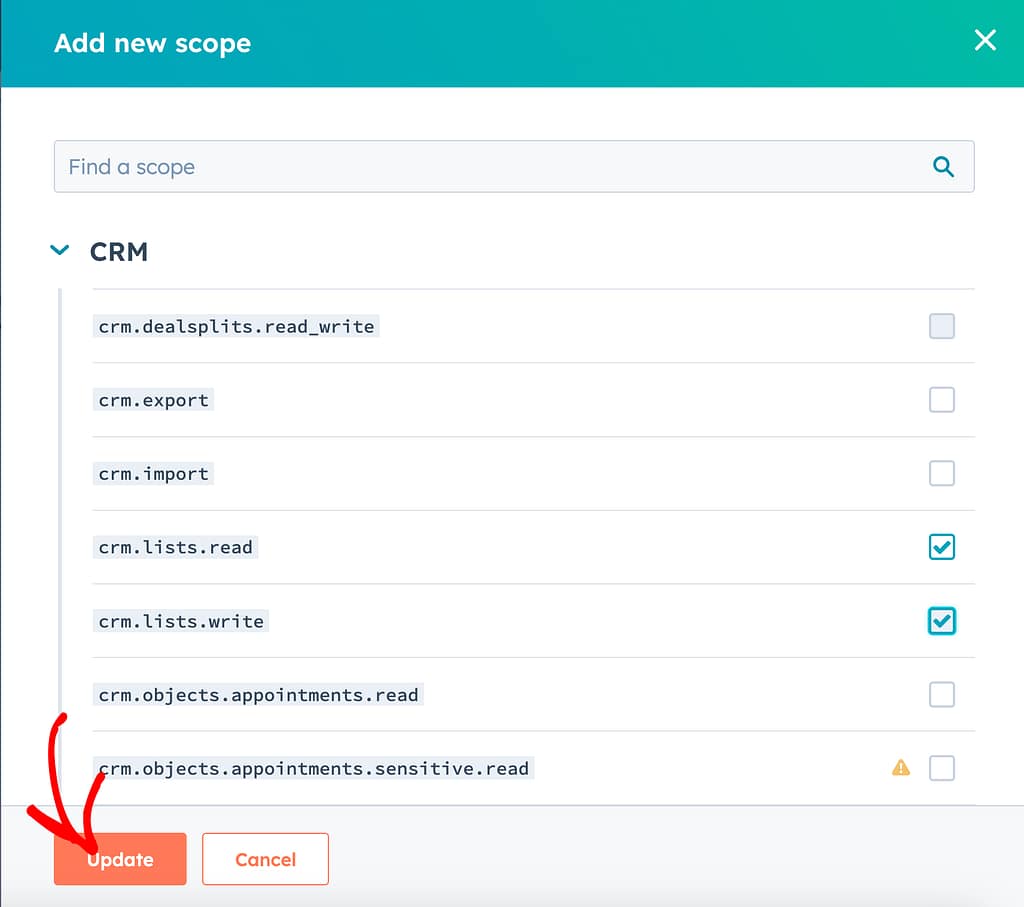 Add scopes to the HubSpot private app