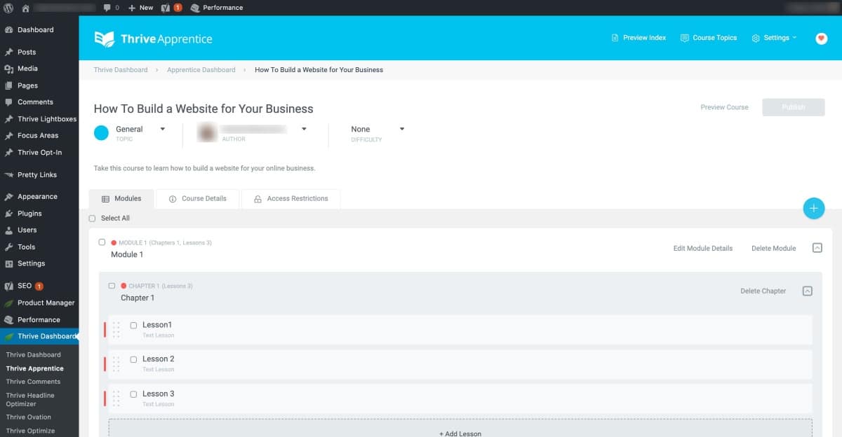 Thrive Apprentice Module, Chapter, and Lesson creation editor within the WordPress dashboard