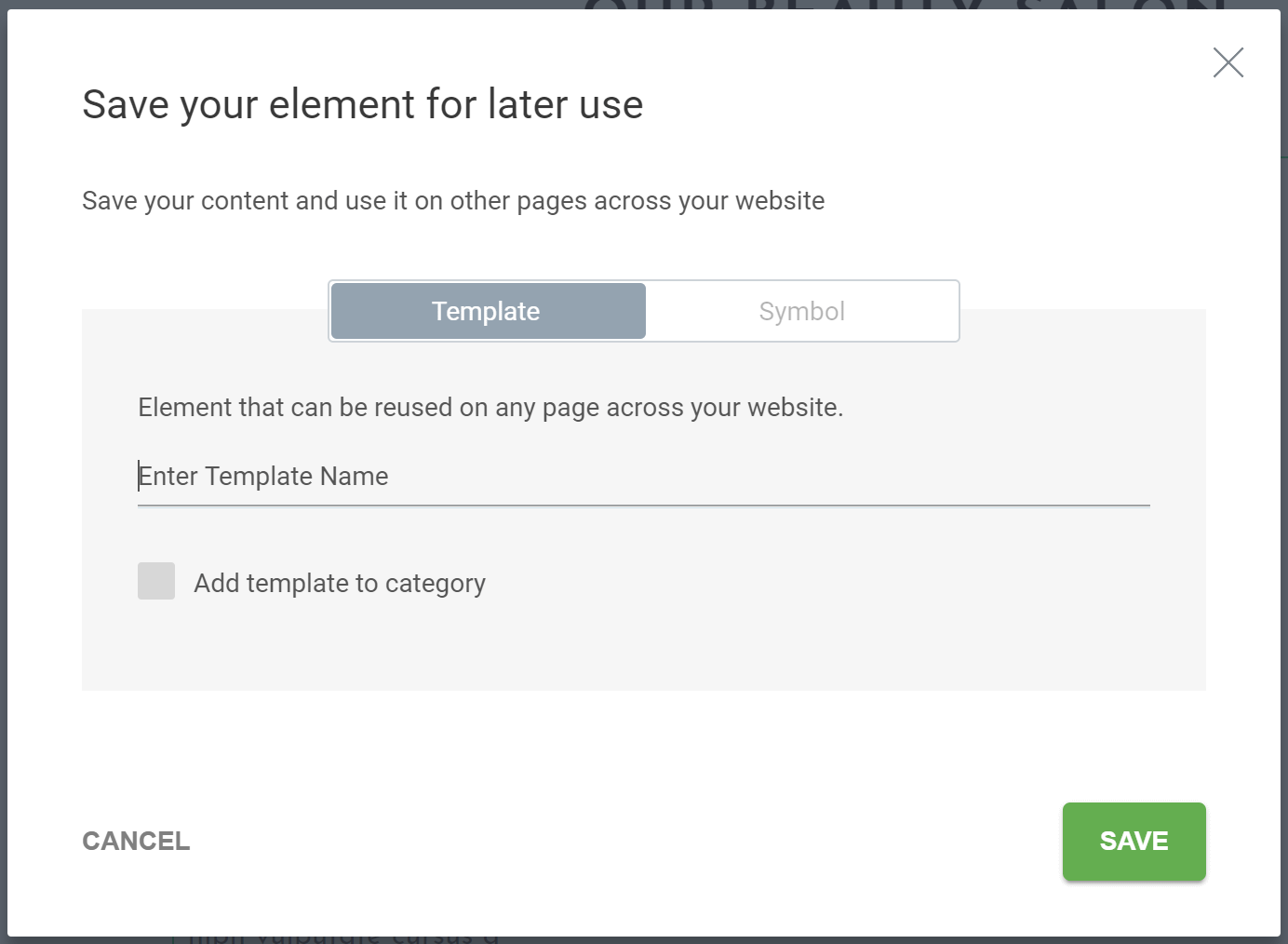 content template symbol save modal