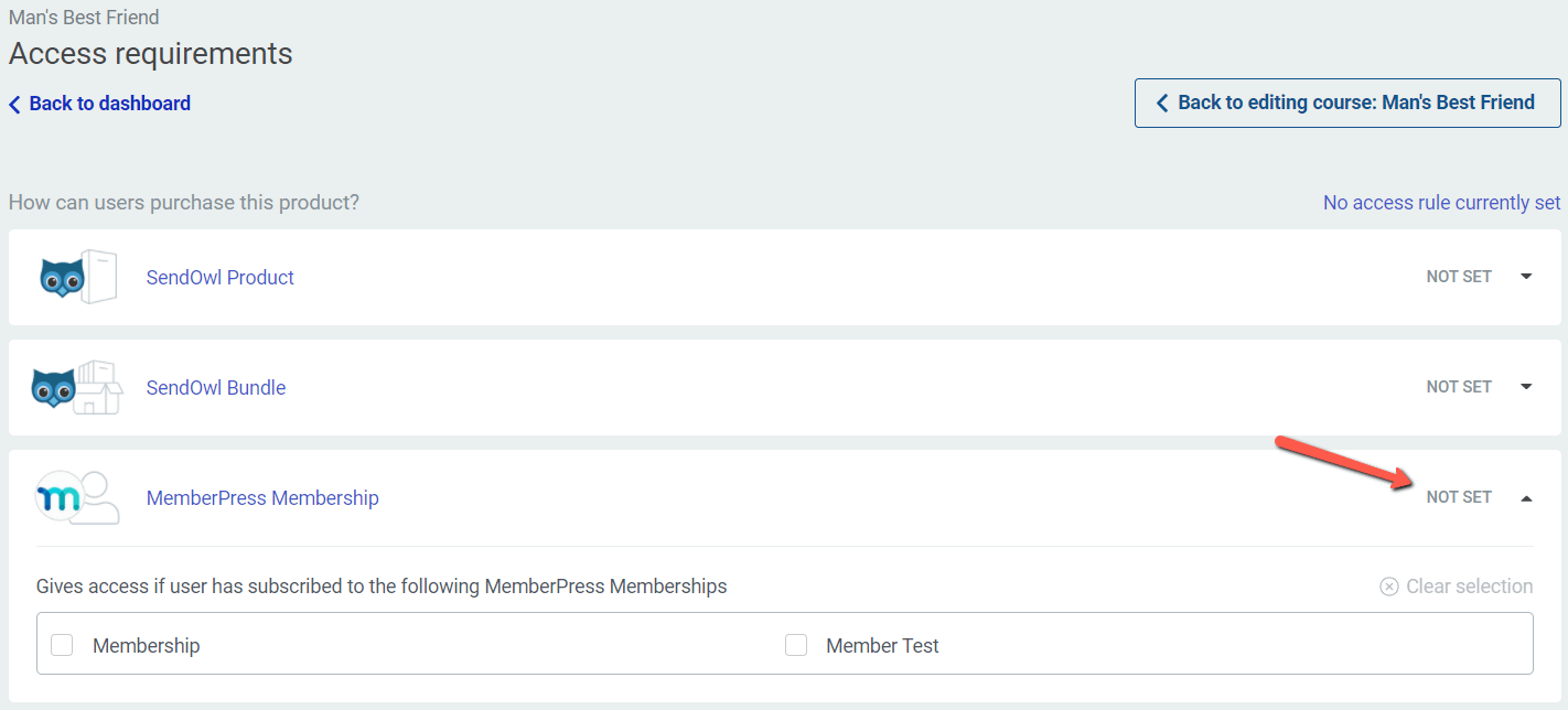 MemberPress protection option in the access requirements panel
