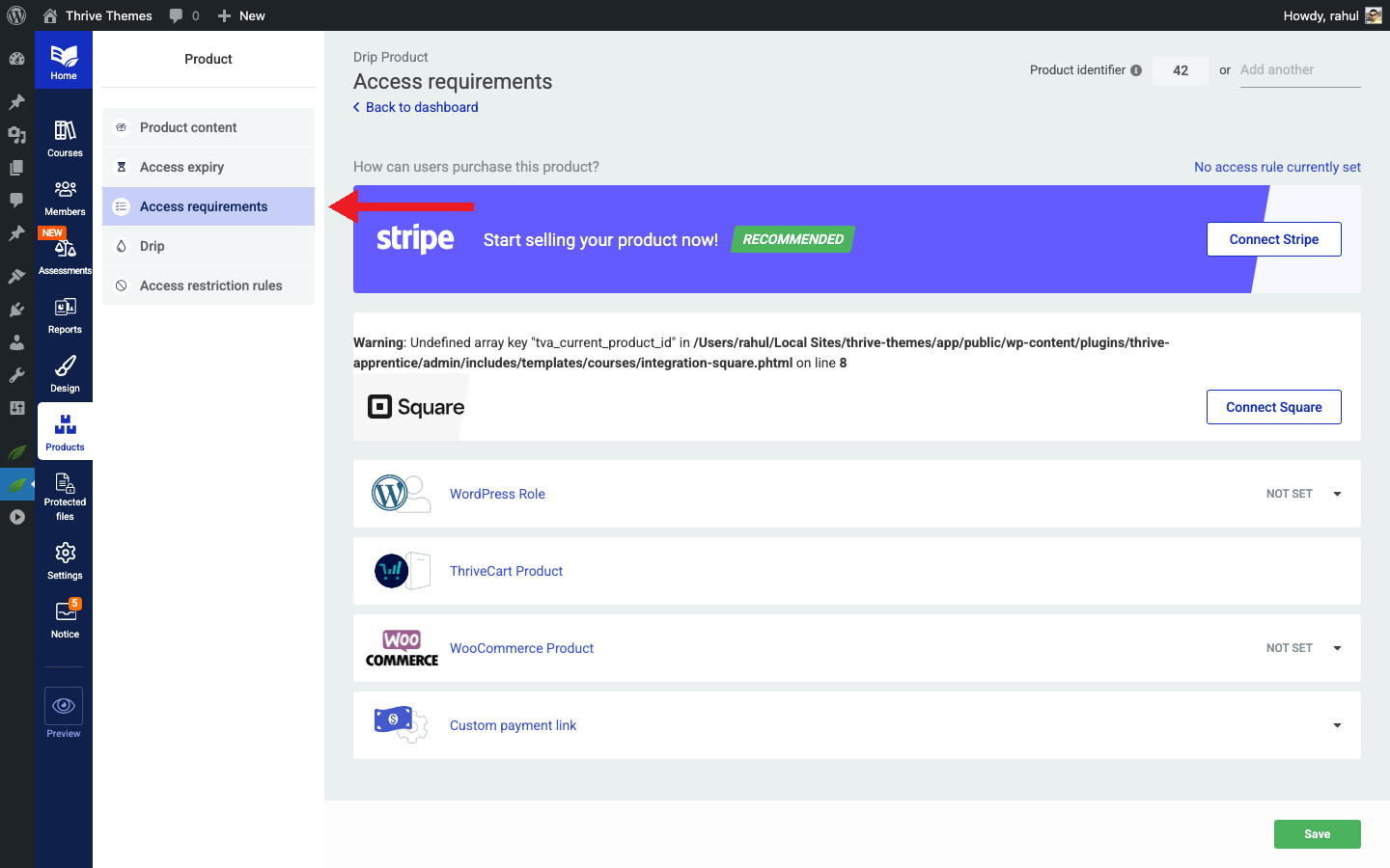 Product detail view showing the Access requirements tab selected