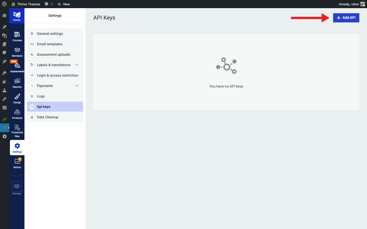 API keys settings page with the Add API button highlighted