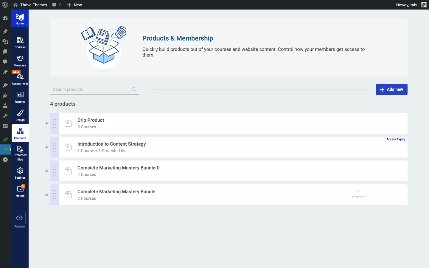 Products page with the Add New button highlighted to create a new product