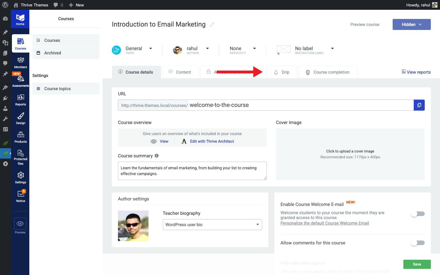 Course overview showing the Drip tab highlighted in the navigation tabs
