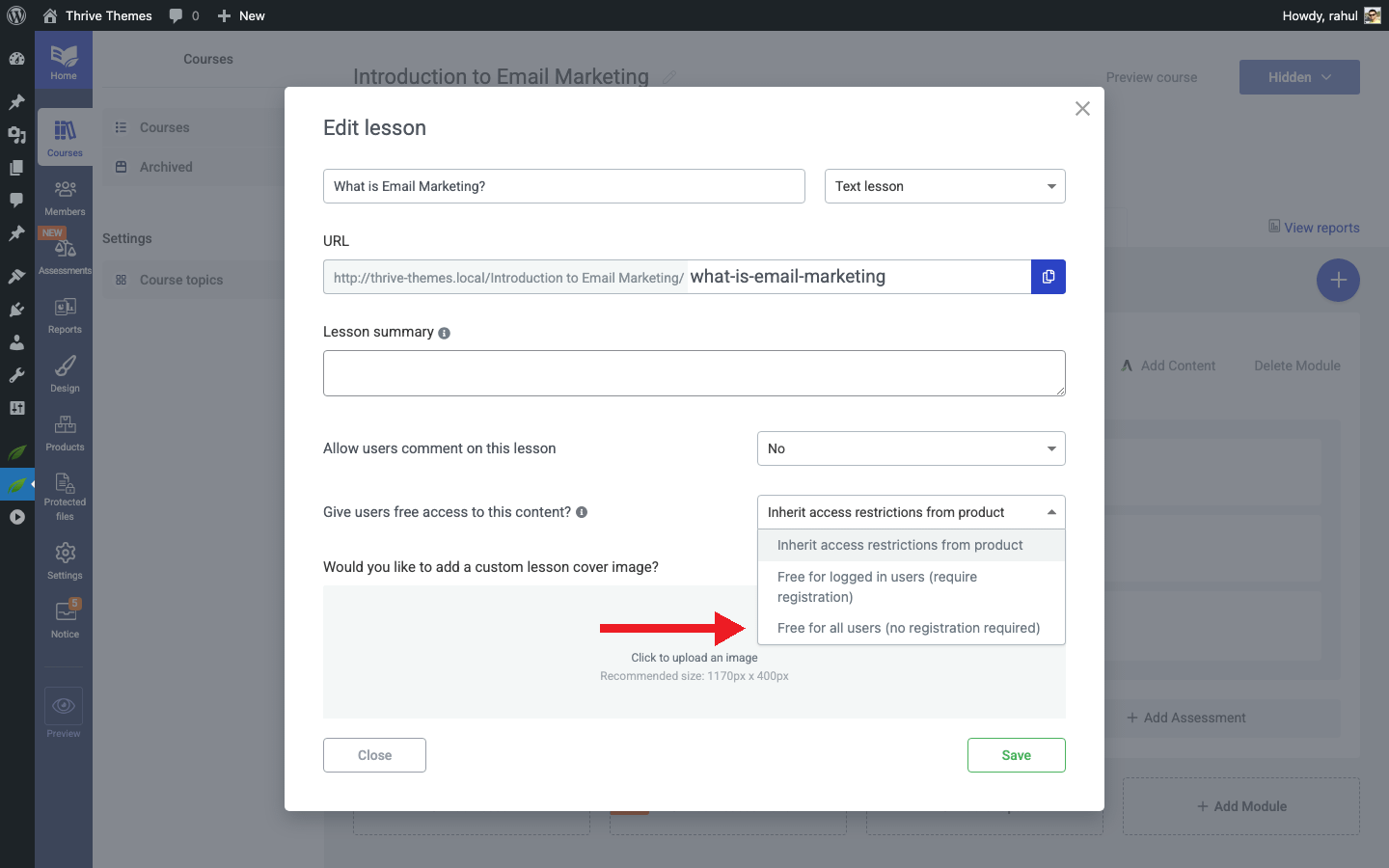 Making the First Lesson Free - Free option in dropdown in Thrive Apprentice
