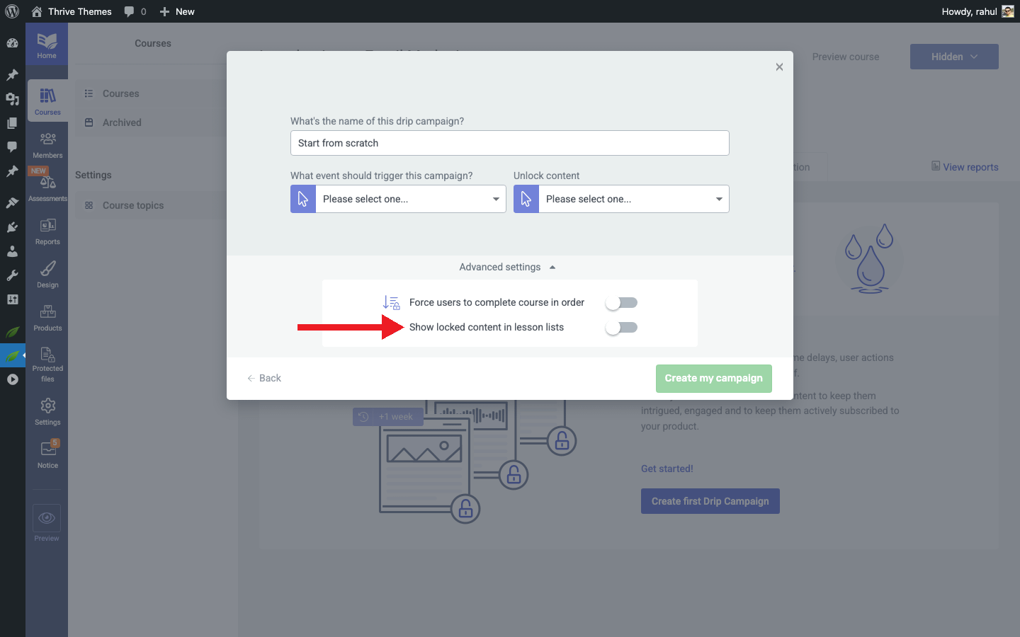 Drip campaign advanced settings showing the Show locked content in lesson lists toggle