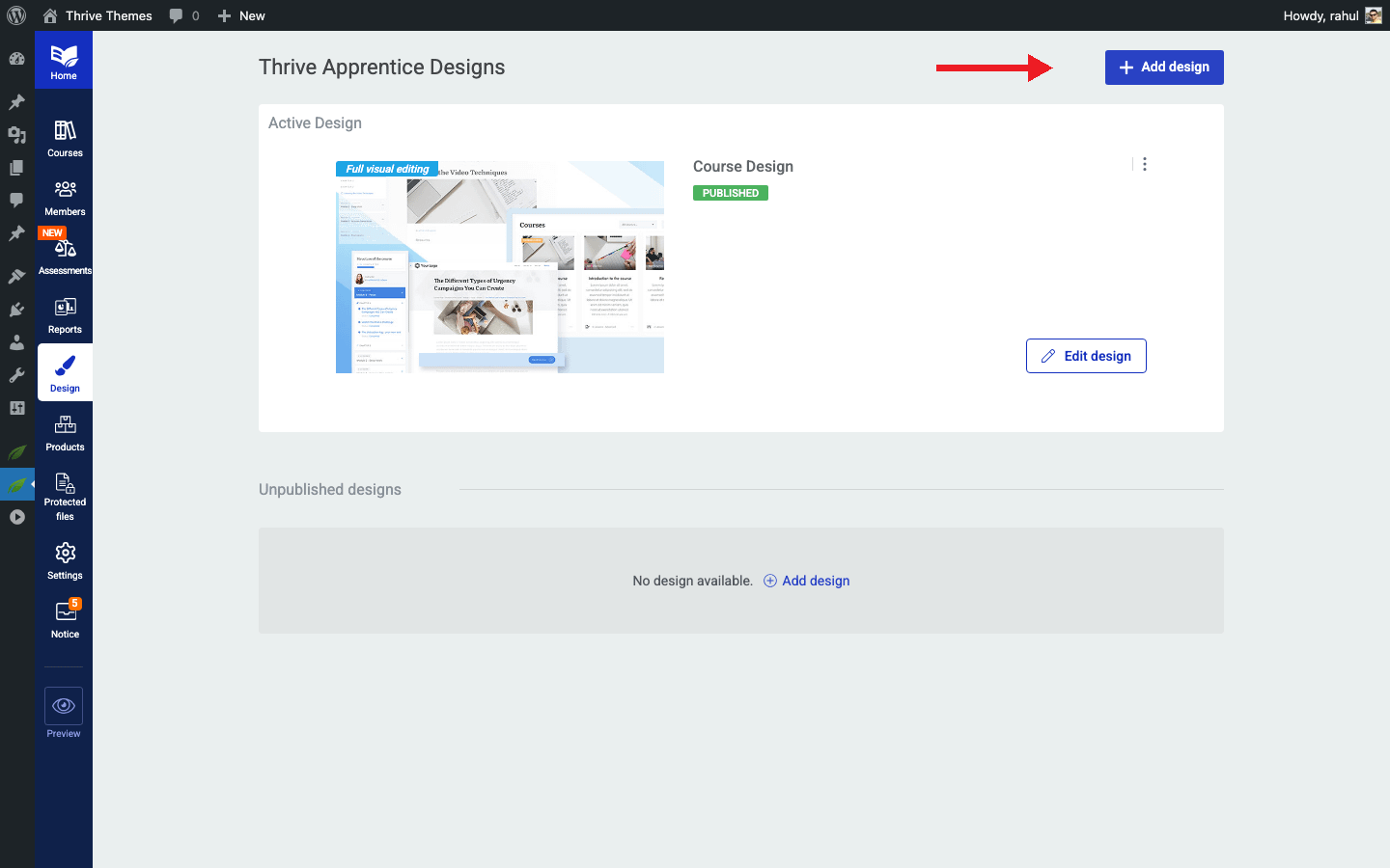 Adding a New Design from Scratch - +Add Design button in Thrive Apprentice