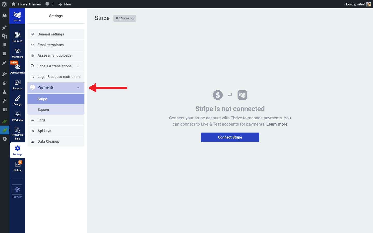 Settings menu with the Payment processors option highlighted
