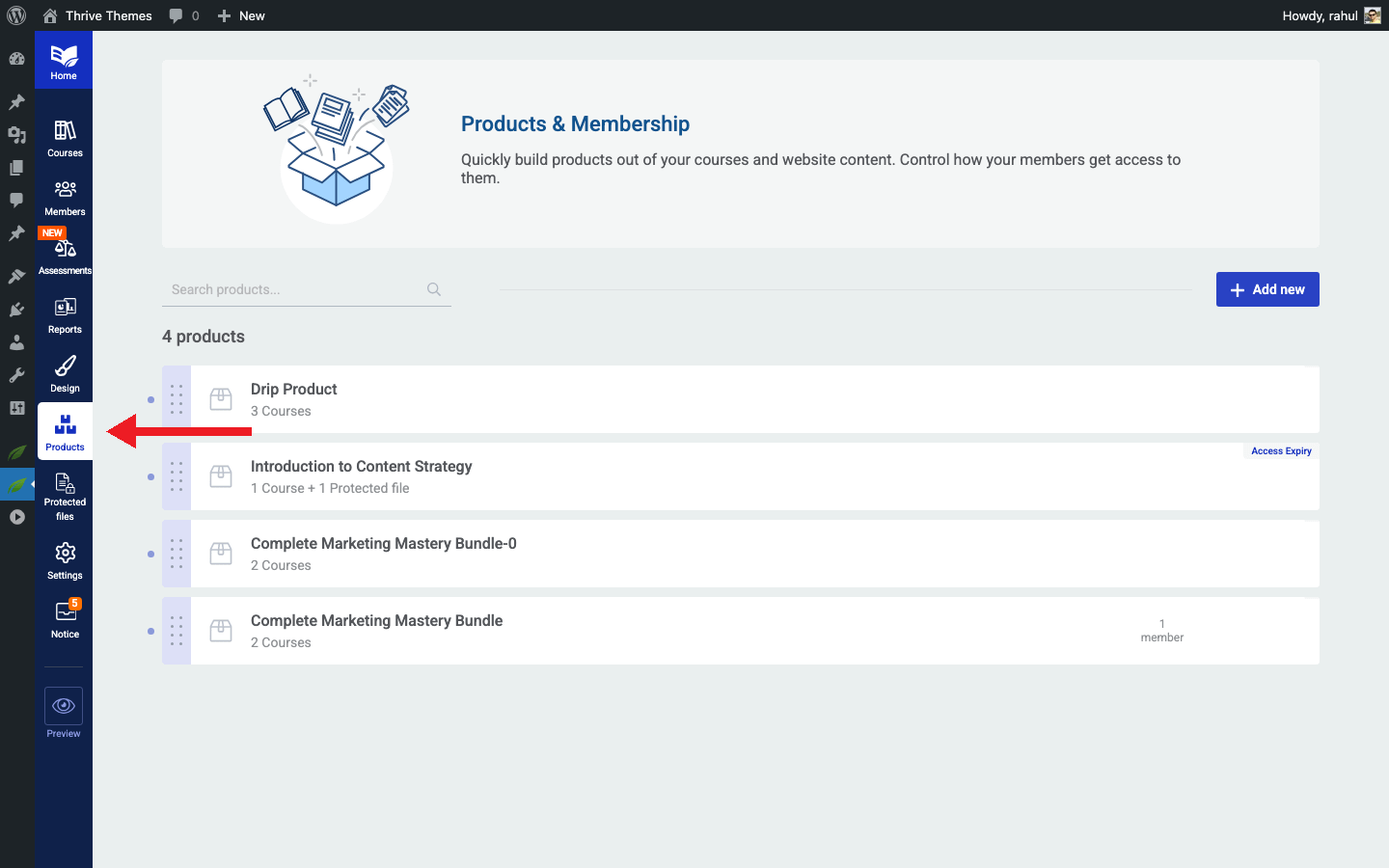 Thrive Apprentice left sidebar with the Products menu item highlighted