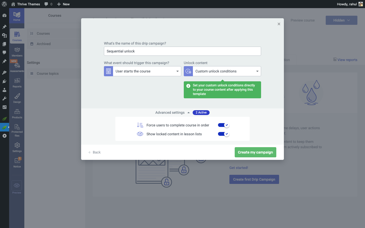 Sequential unlock campaign configuration showing campaign name, trigger event, unlock conditions, and advanced settings