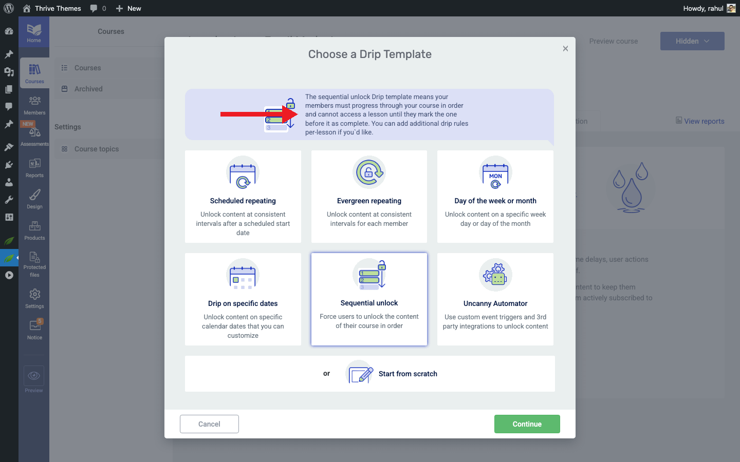 Choose a Drip Template lightbox with the Sequential unlock template selected and its description tooltip visible