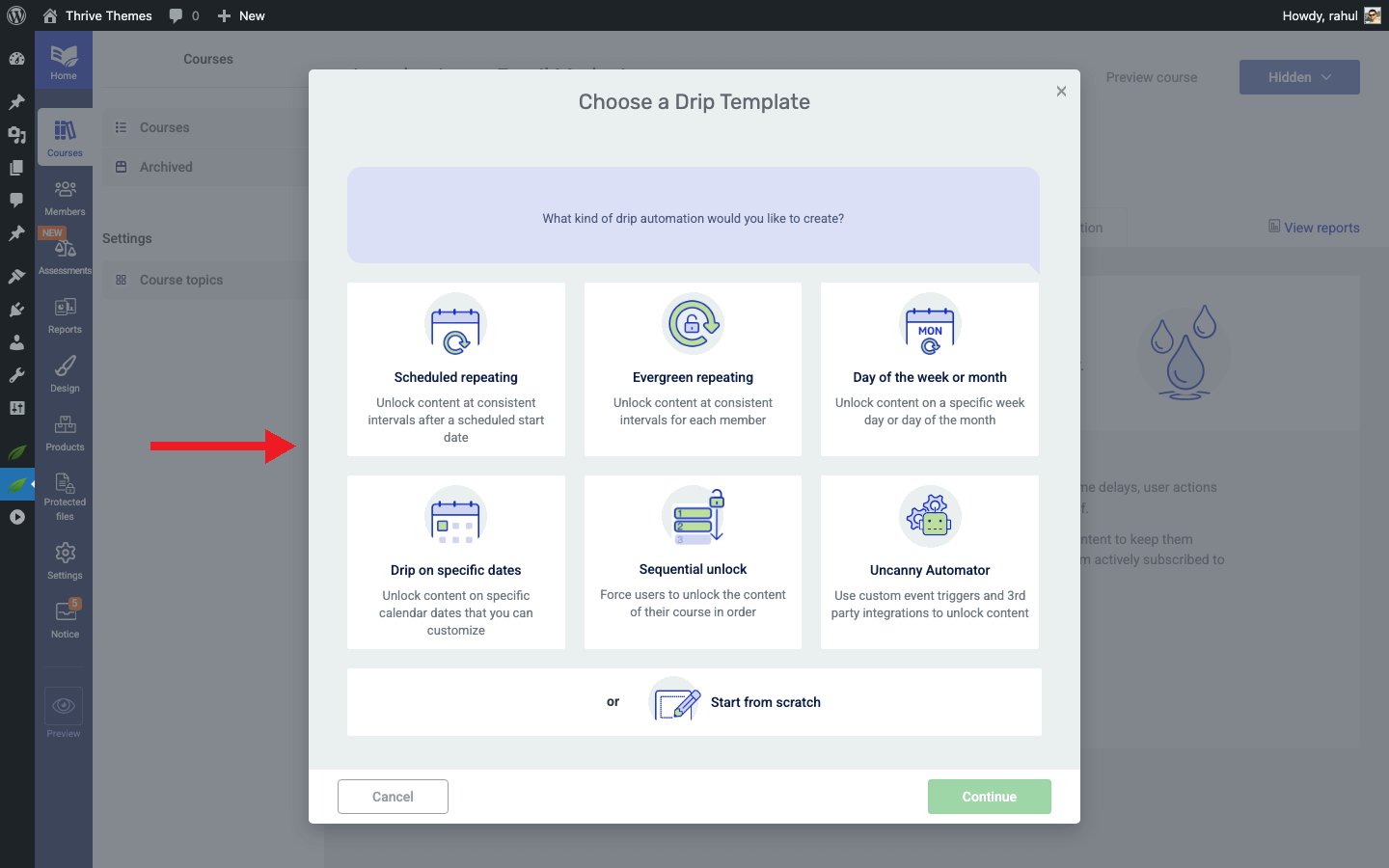 Choose a Drip Template lightbox showing all seven available drip campaign templates
